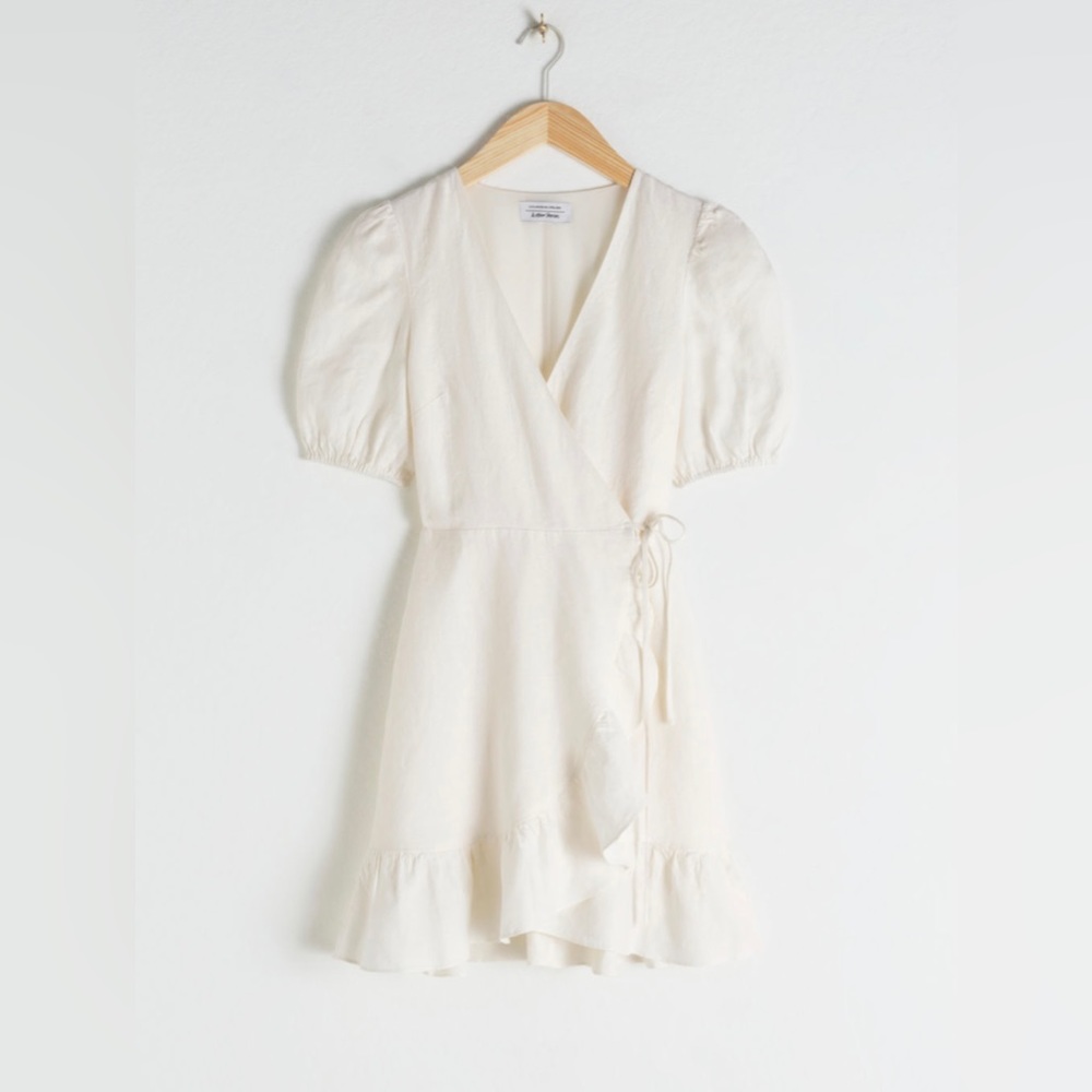& Other Stories Puff Sleeve Wrap Mini Dress - White Linen